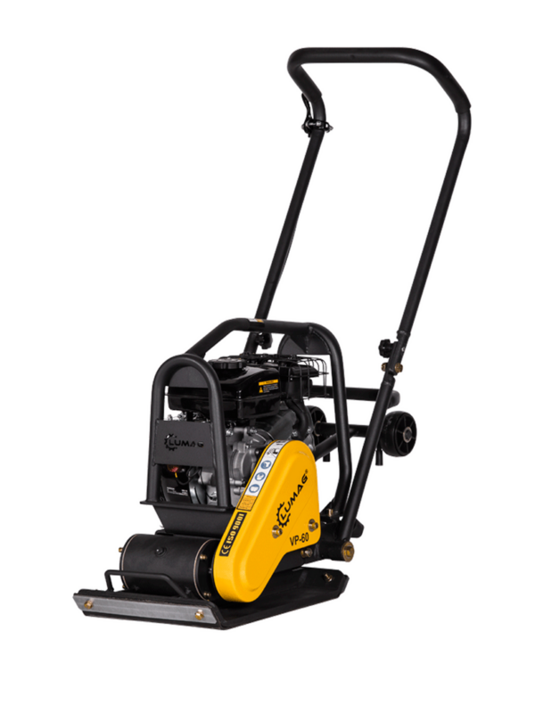 LUMAG VP 60 – Rüttelplatte vorlaufend mit 58 kg inkl. Transportfahrwerk und Gummimatte